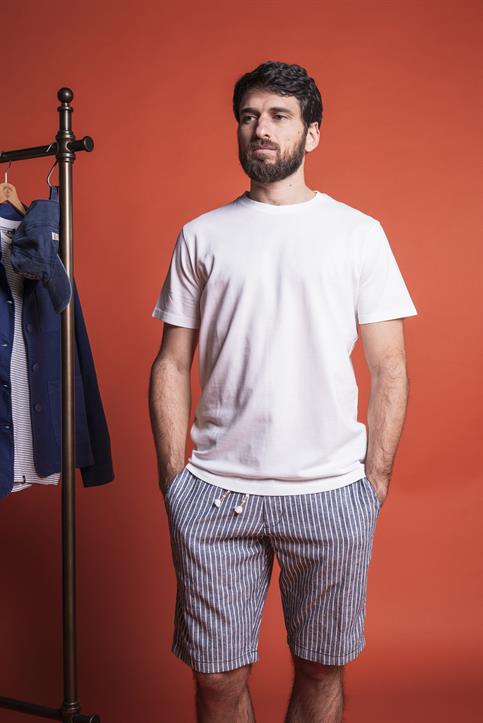 CHINO SHORT COMF.MIX LINEN Y/D NAVY STRIPE