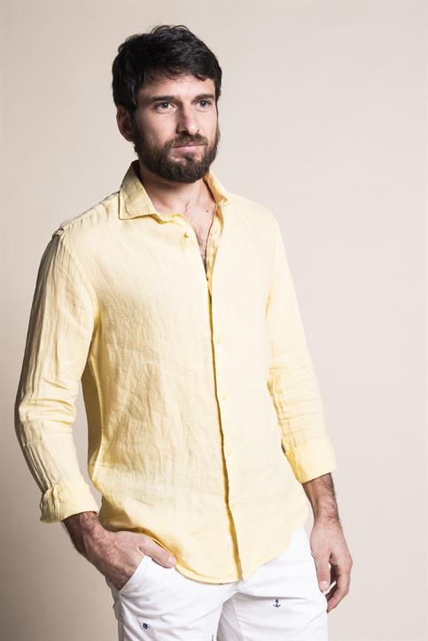 FRENCH COLLAR SLIM 100% LINEN L/S G/D YELLOW