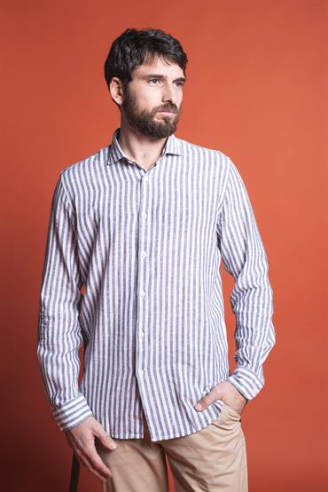 FRENCH COLLAR SLIM MIXED LINEN L/S NAVY STRIPE