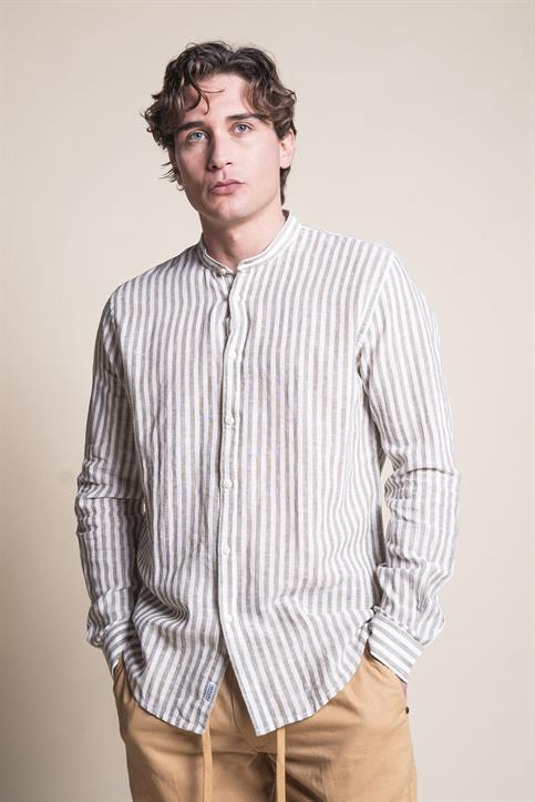 COREANA SLIM MIXED LINEN L/S MIL.GREEN STRIPE