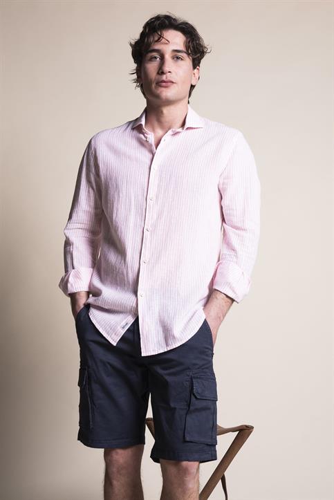 FRENCH COLLAR SLIM MIXED LINEN L/S PINK STRIPE