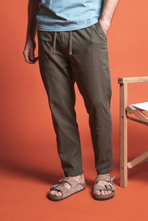 CHINO LONG LOOSE ELASTIC MIXED LINEN G/D MIL.GREEN