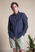 FRENCH COLLAR SLIM 100% LINEN L/S G/D NAVY