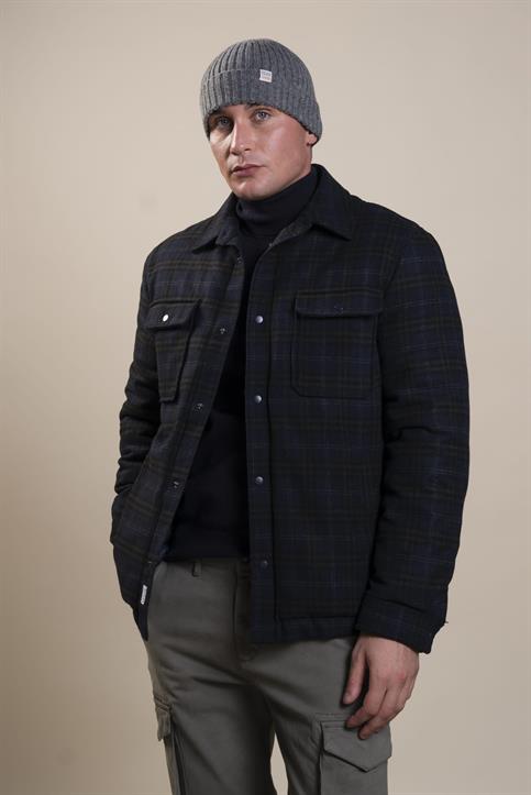 JKT OVERSHIRT L/S 2 PKT MIX WOOL NAVY CHECK