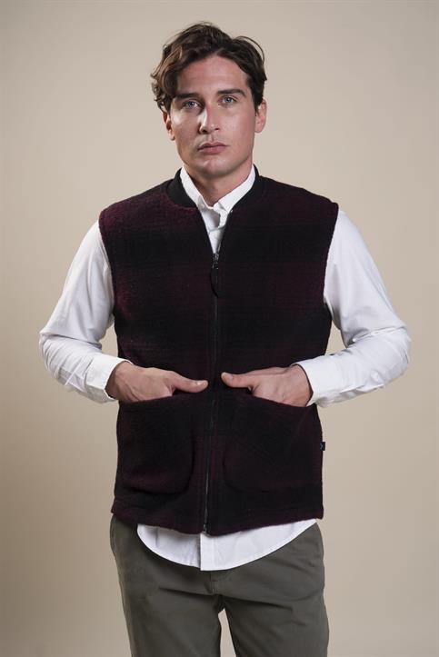 GILET 2 PKT ZIP MIXED WOOL BORDEAUX CHECK