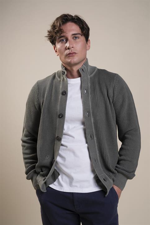 CARDIGAN BTN 100% COTTON STONE WASHED MIL.GREEN