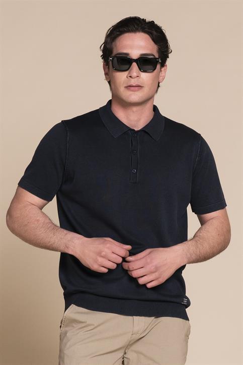 SWEATER POLO S/S COTTON ACID WASH NAVY