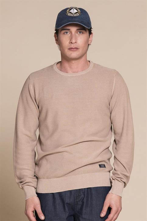 SWEATER ROUND NECK L/S CTN RICE STITCH ACID WASH BEIGE