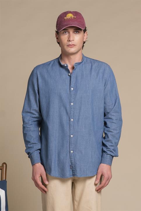 COREANA COLLAR L/S SLIM LT.DENIM SLUB G/W BLUE