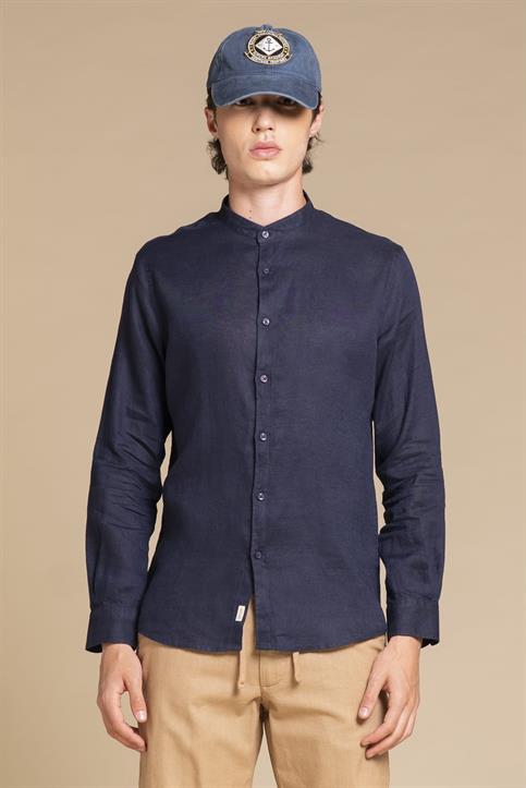 COREANA COLLAR L/S SLIM 100% LINEN F/D E/W NAVY