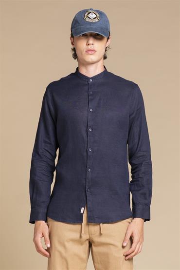 COREANA COLLAR L/S SLIM 100% LINEN F/D E/W NAVY