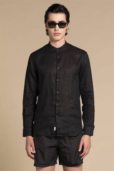 COREANA COLLAR L/S SLIM 100% LINEN F/D E/W BLACK
