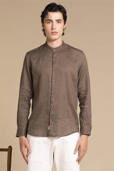 COREANA COLLAR L/S SLIM 100% LINEN F/D E/W MUD