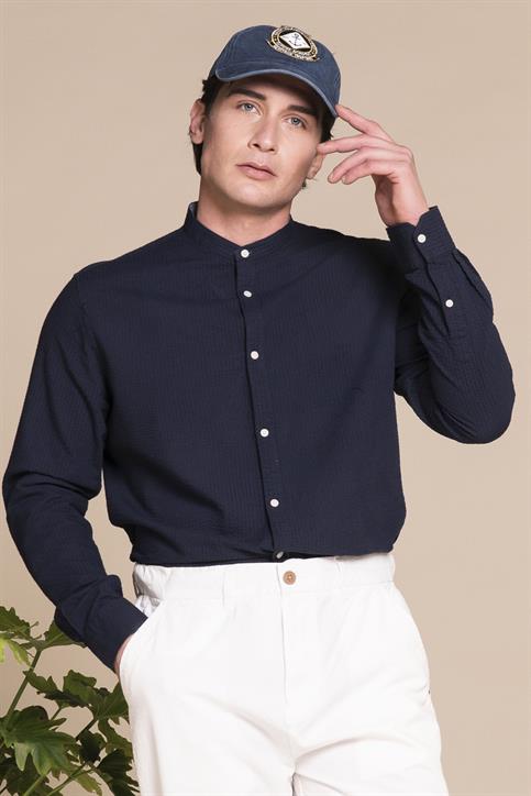 COREANA COLLAR L/S SLIM SOFT SEERSUCKER NAVY
