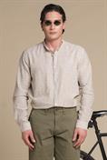COREANA COLLAR L/S SLIM LINEN/COTTON Y/D MIL.GREEN STRIP