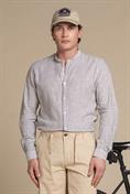 COREANA COLLAR L/S SLIM LINEN/COTTON Y/D NAVY STRIPE
