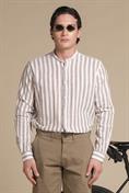 COREANA COLLAR L/S SLIM LINEN/COTTON Y/D BROWN STRIPE