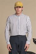 COREANA COLLAR L/S SLIM LINEN/COTTON Y/D NAVY STRIPE