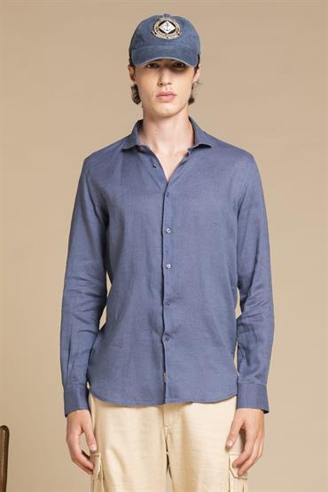 FRENCH COLLAR L/S SLIM 100% LINEN F/D E/W DENIM