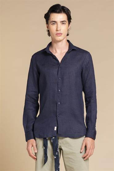 FRENCH COLLAR L/S SLIM 100% LINEN F/D E/W NAVY