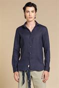 FRENCH COLLAR L/S SLIM 100% LINEN F/D E/W NAVY