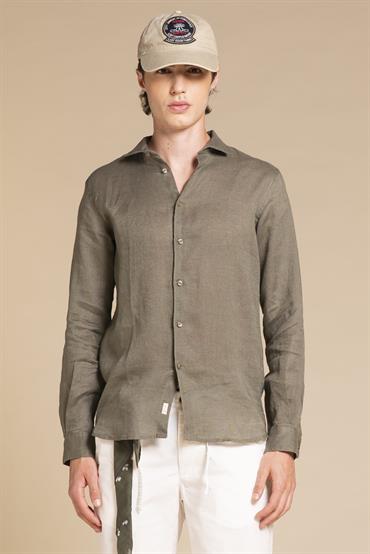 FRENCH COLLAR L/S SLIM 100% LINEN F/D E/W MIL.GREEN