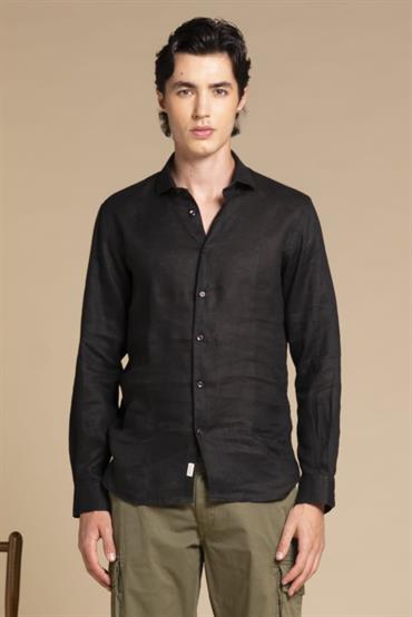 FRENCH COLLAR L/S SLIM 100% LINEN F/D E/W BLACK