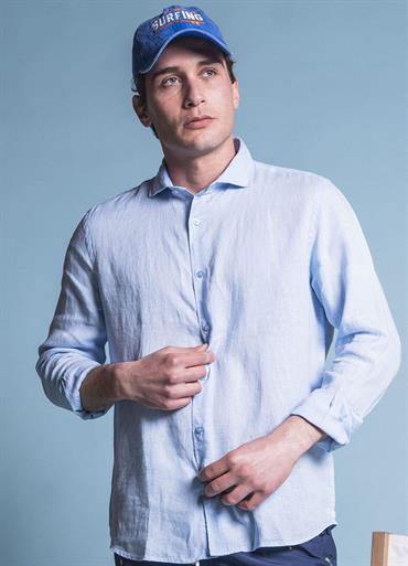 FRENCH COLLAR L/S SLIM 100% LINEN F/D E/W SKY