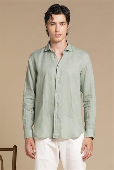 FRENCH COLLAR L/S SLIM 100% LINEN F/D E/W ACQUA