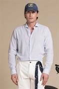FRENCH COLLAR L/S SLIM SOFT LINEN/COTTON LT.BLUE STRIPE