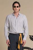 FRENCH COLLAR L/S SLIM SOFT LINEN/COTTON NAVY STRIPE