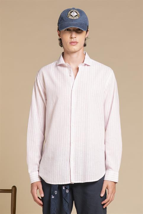 FRENCH COLLAR L/S SLIM SOFT LINEN/COTTON PINK STRIPE