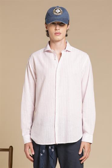 FRENCH COLLAR L/S SLIM SOFT LINEN/COTTON PINK STRIPE