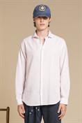 FRENCH COLLAR L/S SLIM SOFT LINEN/COTTON PINK STRIPE
