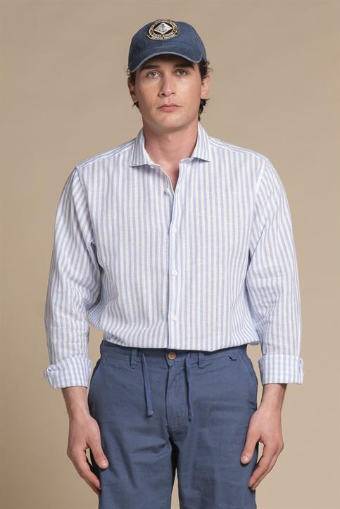 FRENCH COLLAR L/S SLIM SOFT LINEN/COTTON LT.BLUE STRIPE
