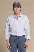 FRENCH COLLAR L/S SLIM SOFT LINEN/COTTON LT.BLUE STRIPE