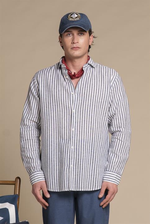 FRENCH COLLAR L/S SLIM SOFT LINEN/COTTON NAVY STRIPE
