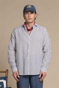 FRENCH COLLAR L/S SLIM SOFT LINEN/COTTON NAVY STRIPE