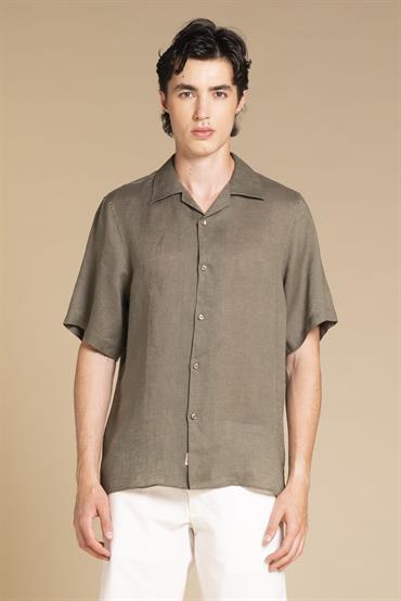 BOWLING SHIRT S/S COMF.100% LINEN F/D E/W MIL.GREEN