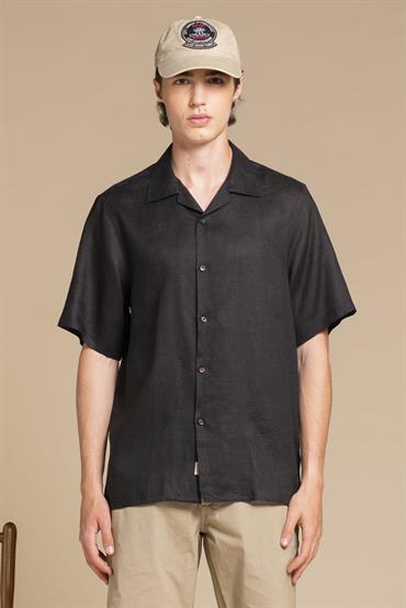 BOWLING SHIRT S/S COMF.100% LINEN F/D E/W BLACK