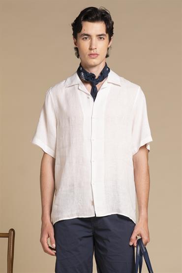 BOWLING SHIRT S/S COMF.100% LINEN F/D E/W WHITE