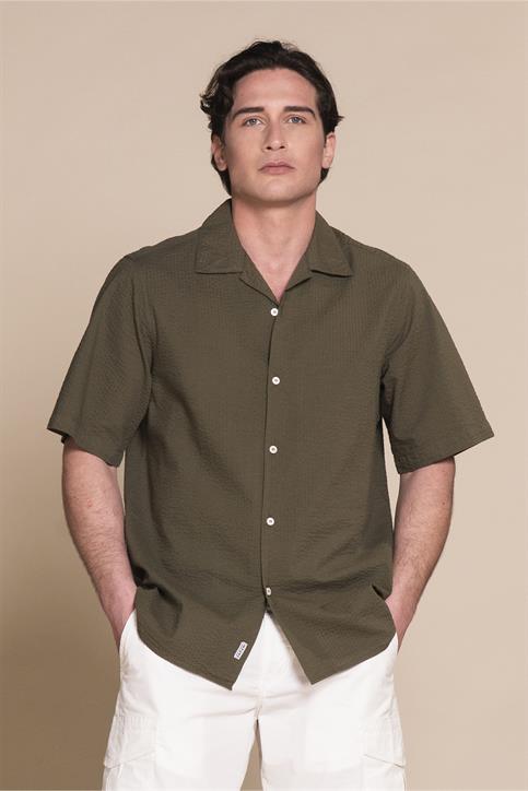 BOWLING SHIRT S/S COMF.SEERSUCKER Y/D MIL.GREEN