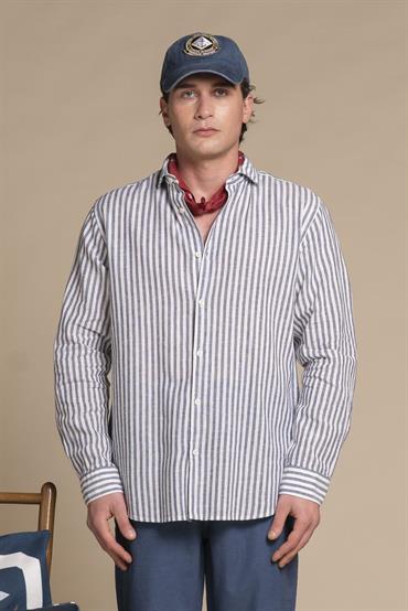 FRENCH COLLAR L/S SLIM SOFT LINEN/COTTON NAVY STRIPE