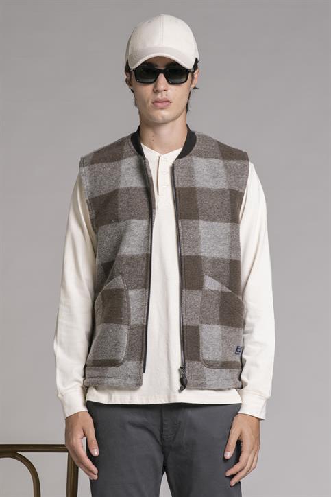 GILET ZIP MIX.BOILED WOOL TORTORA CHECK