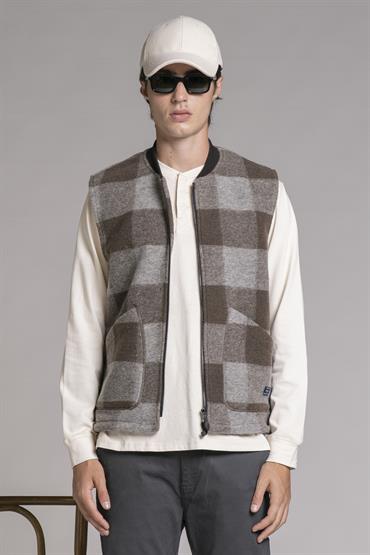 GILET ZIP MIX.BOILED WOOL TORTORA CHECK