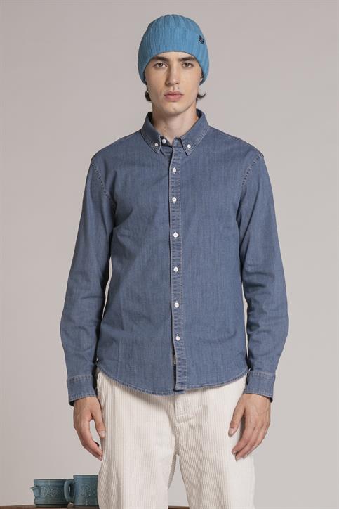 BUTTON DOWN SLIM L/S DENIM MID WASH BLUE