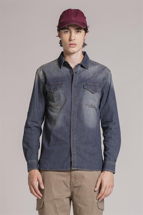 WESTERN SHIRT SLIM L/S DENIM MID WASH BLUE