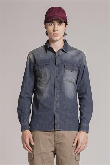 WESTERN SHIRT SLIM L/S DENIM MID WASH BLUE