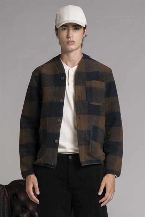 CARDIGAN JACKET MIX. BOILED WOOL BROWN CHECK