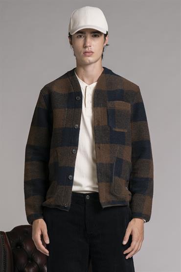CARDIGAN JACKET MIX. BOILED WOOL BROWN CHECK